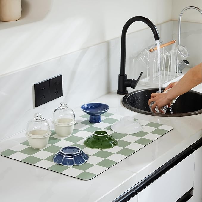 Ohocut Checkered Dish Drying Mat for Kitchen Counter, Coffee Bar Station Accessories, Retro Cute Aesthetic Modern Absorbent Drainer Mat Kitchen Drying Mat Easy Clean, Sage 16" x 24" - Image 2
