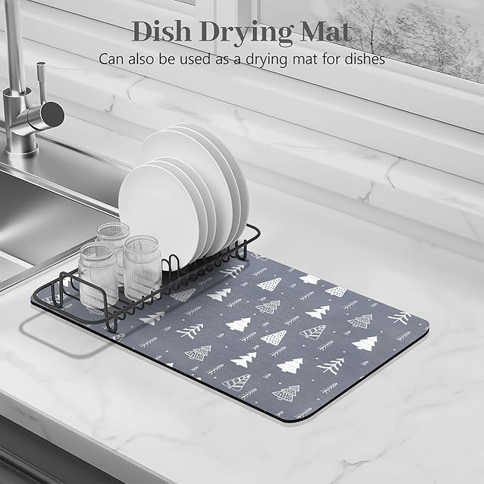 Bloss Coffee Mat, Christmas 12"x19" Bar Mat with Waterproof Rubber Backing, Fit Under Coffee Maker Machine/Kitchen Counter/Dish Drying Mat-Grey and Pine - Image 3
