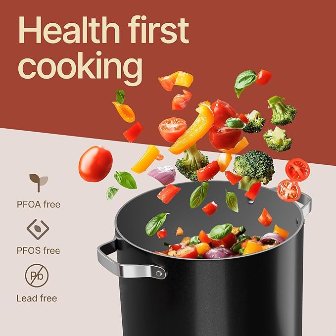 Bakken 16 Quart Ceramic Coated Stock Pot with Lid, Easy Clean Nonstick Pot, Tempered Glass Lid, Riveted Stainless Steel Handles, Oven Safe Up To 500°F, PTFE & PFAS Free, All Stove Compatible, Black - Image 6