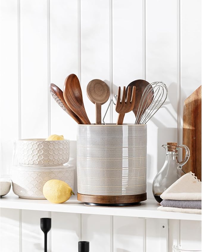 Utensil Holder, 360° Rotating Extra Large Ceramic Kitchen Utensil Holder for Countertop, 7.3“ Cooking Utensil Crocks for Kitchen Counter with Rotatable Wooden Base, Farmhouse Decor, Grey - Image 5