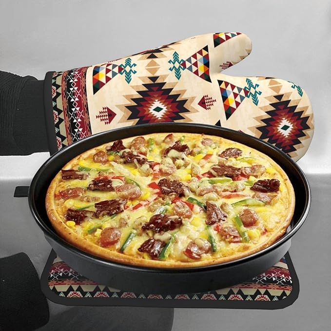 Southwestern Aztec Oven Mitts and Pot Holders Set of 3, Heat Resistant Non-Slip Navajo Pattern Oven Gloves with Hot Pad, Native American Boho Kitchen Decor Gloves for Chef Cooking Baking Grilling BBQ - Image 4