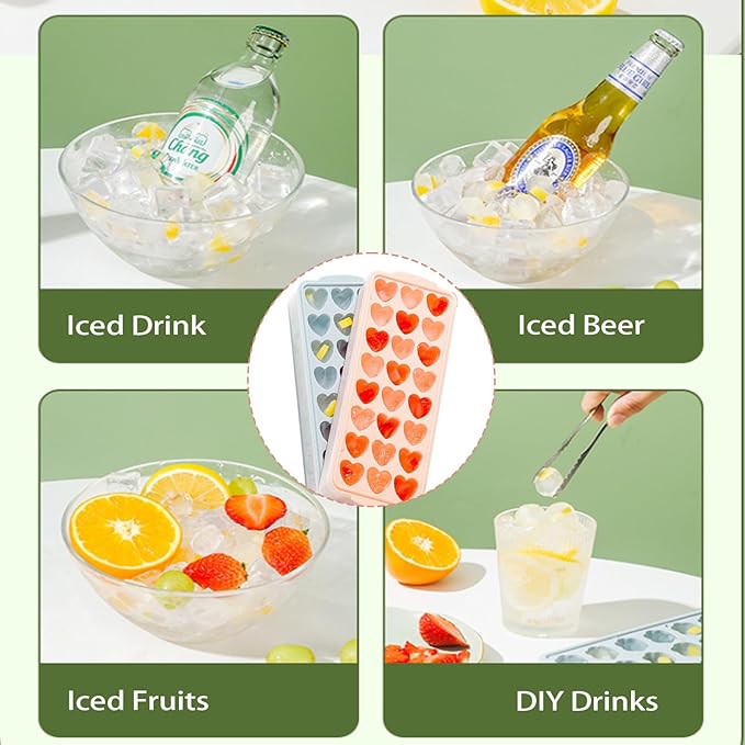 2 Pack Heart-Shaped Ice Cube Trays with lid and bin - 48 Holes Silicone Mini Heart Ice Cube Tray, BPA Free and Dishwasher Safe, Fun Shape Ice Cube Mold, Easy to Remove