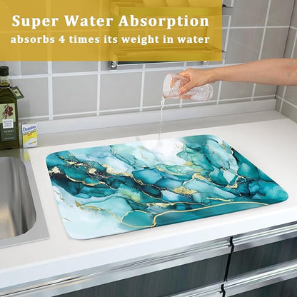 Giwawa Teal Marble Dish Drying Mat Turquoise Blue Marbling Print Dish Drainer Mats 18"x24" Modern Granite Microfiber Reversible Dish Drying Rack Pad Protector for Kitchen Countertop Decor