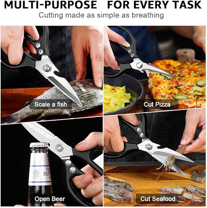 ONEBOM Kitchen Scissors 2 Pack, Heavy Duty All Purpose Shears for Cutting Meat, Fish, Poultry, Dishwasher Safe, Stainless Steel with Blade Kitchen Salad Scissors (Black)