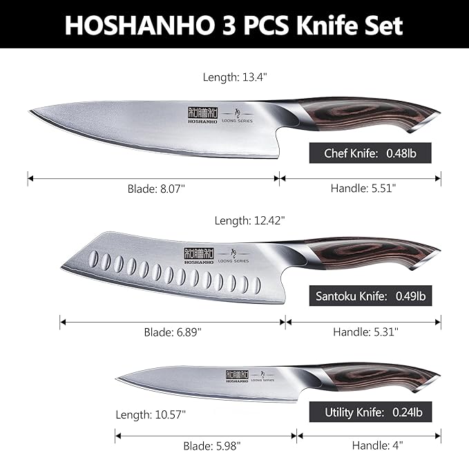 HOSHANHO 3 Pieces Knife Set, Professional Japanese High Carbon Stainless Steel Kitchen Knife Set, Ultra Sharp Chef Knives Sets with Ergonomic Pakkawood Handle - Image 2