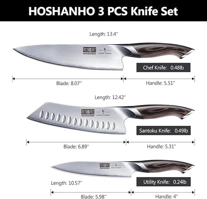 HOSHANHO 3 Pieces Knife Set, Professional Japanese High Carbon Stainless Steel Kitchen Knife Set, Ultra Sharp Chef Knives Sets with Ergonomic Pakkawood Handle - Image 2