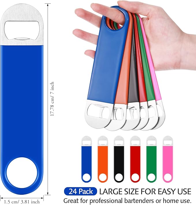 24 Pack Stainless Steel Flat Bottle Opener Bulk Heavy Duty Bartender Beer Openers Rubber Coated Beer Bottle Opener 7 Inch Beer Can Opener for Men Women Bar Kitchen Restaurant Party Supplies, 6 Colors - Image 2