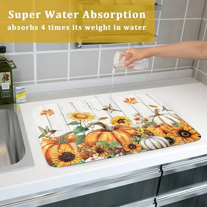 Fall Sunflower Maple Leaves Dish Drying Mat for Kitchen Counter Autumn Harvest Pumpkin Dish Drying Mat 16”x18” Thanksgiving Dishes Pad Dish Drainer Rack Mats Absorbent Fast Dry Kitchen Accessories