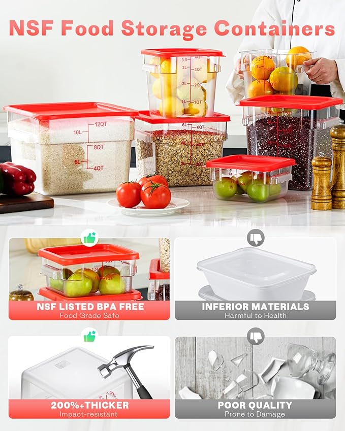 2QT&4QT NSF Food Storage Containers: 8 PCS[Food Grade] [Hot&Cold Resistant] Commercial Clear Square Food Storage Containers with Scales Handles for Home Restaurant Kitchen(BPA FREE) - Image 2