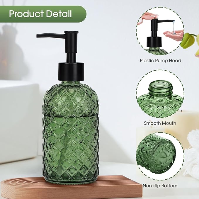 Topsky Gem Glass Soap Dispenser with Black Plastic Pump, 13oz Liquid Hand Soap Dispenser, Rustproof Pump for Kitchen & Bathroom, Great for Lotions, Essential Oil, Liquid Soaps-Army Green - Image 4