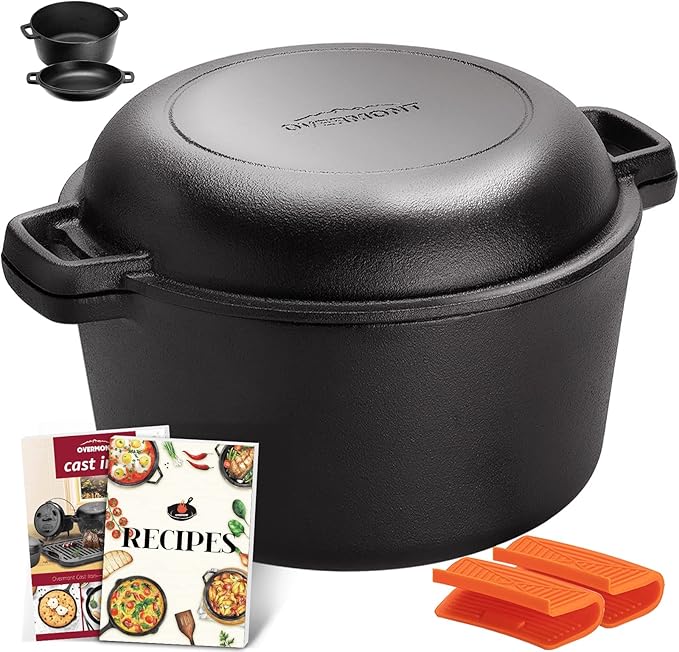 Overmont 2-in-1 Cast Iron Dutch Oven - 5QT Pre-Seasoned All-in-One Casserole Braising Pan with Skillet Lid Cookbook & Silicone Handle Covers - Heavy Duty Oven-Safe Pot for Bread Baking Frying Camping by Overmont