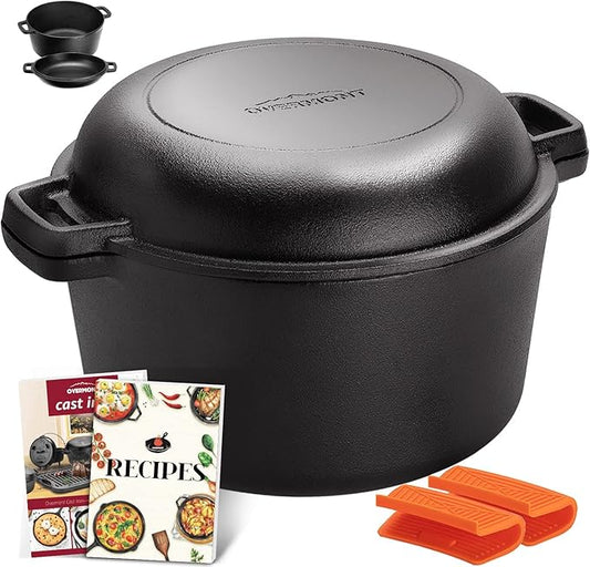 Overmont 2-in-1 Cast Iron Dutch Oven - 5QT Pre-Seasoned All-in-One Casserole Braising Pan with Skillet Lid Cookbook & Silicone Handle Covers - Heavy Duty Oven-Safe Pot for Bread Baking Frying Camping by Overmont