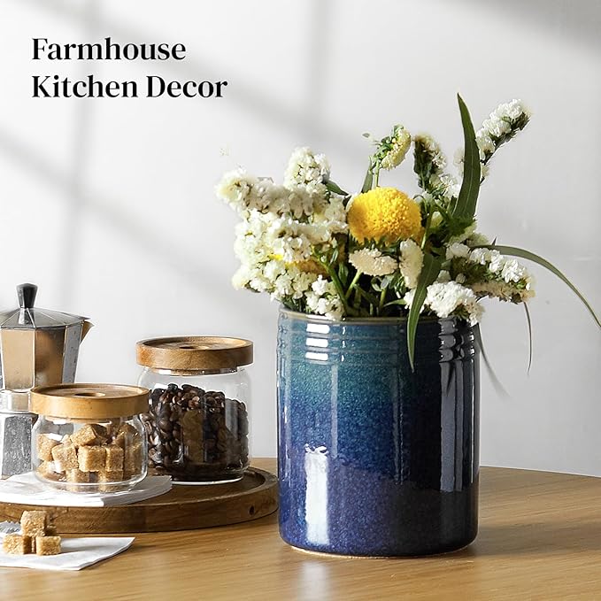 DOWAN 7.2" Kitchen Utensil Holder, Extra Large Farmhouse Utensil Holders for Countertop, Ceramic Utensil Crock, Anti Slip Cork Bottom - Image 7