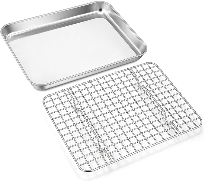 9 Inch Baking Sheet Pan with Cooling Rack Set, Joyfair Stainless Steel Toaster Oven Tray Pans with Grid Racks, Rectangular Bakeware for Cookie/Bacon, Heavy Duty & Rust-free, Dishwasher Safe