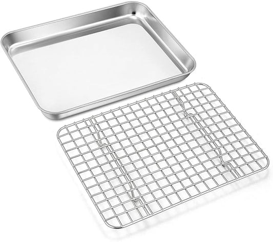 9 Inch Baking Sheet Pan with Cooling Rack Set, Joyfair Stainless Steel Toaster Oven Tray Pans with Grid Racks, Rectangular Bakeware for Cookie/Bacon, Heavy Duty & Rust-free, Dishwasher Safe