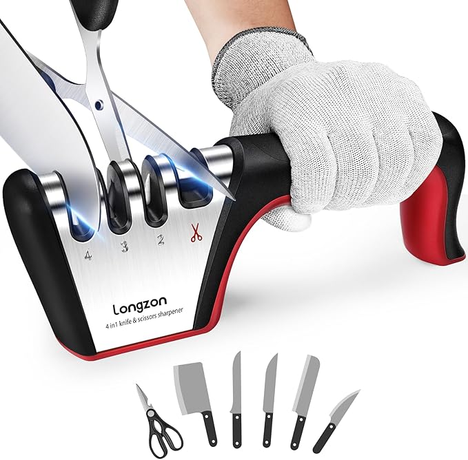 Longzon 5-in-1 Knife Sharpener 4 Stage with Cut-Resistant Glove, Quickly Sharpens & Restores Dull Blades, Easy & Safe for Home Kitchen Use, Fits Most Knives and Scissors, Black+Red by Longzon