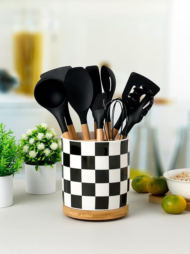 LoeJan 3 Compartment Utensil Holder, Extra Large Utensil Crock, Stable Ceramic Utensil Organizer, Cooking Tool Organizer Set for Kitchen Counter Farmhouse Decor (G-Black(Square)) - Image 3