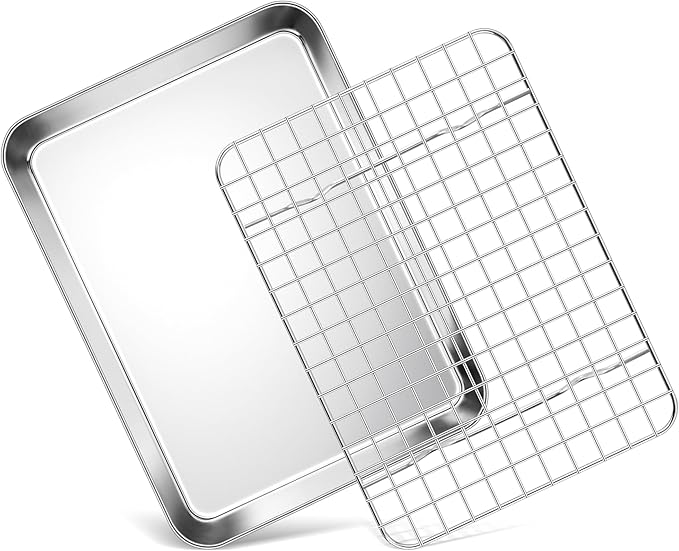 Homikit Toaster Oven Pan with Rack Set (1 Pan+1 Rack), 9 x 7 Inch Small Baking Sheet with Wire Rack, Stainless Steel Cookie Sheets for Baking, Cookie Bacon Tray with Cooling Rack, Dishwasher Safe
