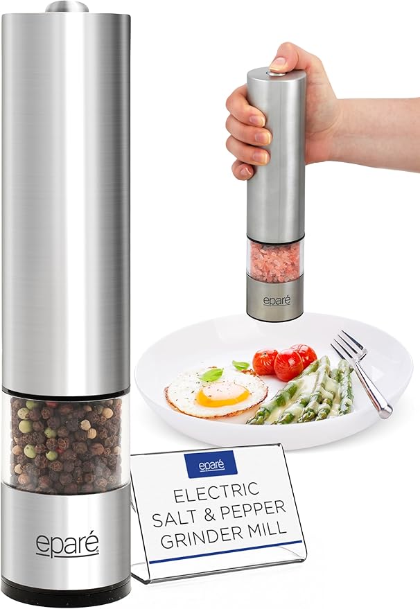 Eparé Salt or Pepper Grinder Mill Electric – Battery Operated Stainless Steel Mill with LED Light, Adjustable Ceramic Core, and One-Hand Push Button for Effortless Seasoning and Cooking by Epare