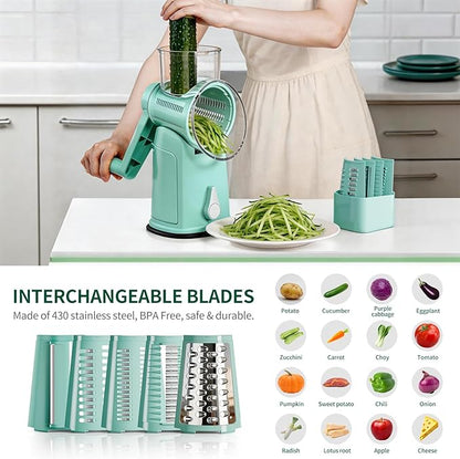 The CoveCarol rotary cheese grater comes with 5 blades and 3 tools: a round mandolin slicer and a food shredder. Suitable for fruits, vegetables, nuts, etc., it includes a blade storage box. (Green)