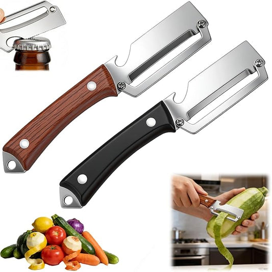 2PCS Premium 2-in-1 Vegetable Peeler with Wooden Handle, Stainless Steel Blade & Bottle Opener, Multi-Purpose Kitchen Tool for Apple, Potato, Pumpkin, Papaya & Various Fruits/Vegetables (Wood+Black) by Unknown