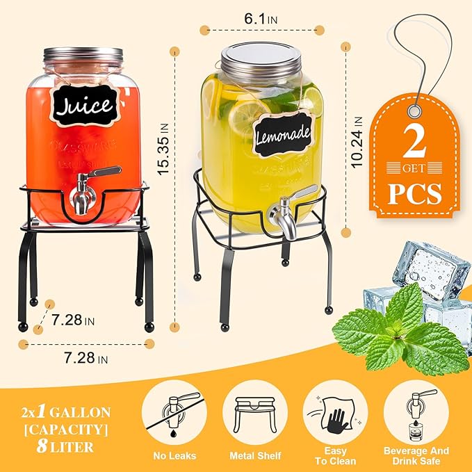2 Pack1 Gallon Glass Drink Dispensers For Parties,Beverage Dispenser with Stand,304 Stainless Steel Spigot Leakproof,Lemonade Dispenser for Sun Tea, Homemade Juice - Image 3