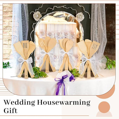 Reallnaive 72 Pcs Bamboo Spatula Wooden Kitchen Utensil Bulk 12''wood Spoon Spatula for Cooking with Ribbon Bridal Baby Shower Game Prize Wedding Party Favors Housewarming Gift (Various Style)