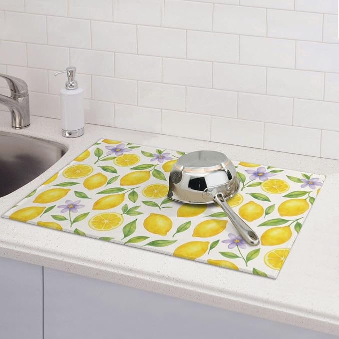 Lemon Dish Drying Mats for Kitchen Counter, Large 18"x24" Dish Mats for Drying Dishes, Microfiber Absorbent Dish Drying Pad Rack Mat Kitchen Decor Reusable Washable