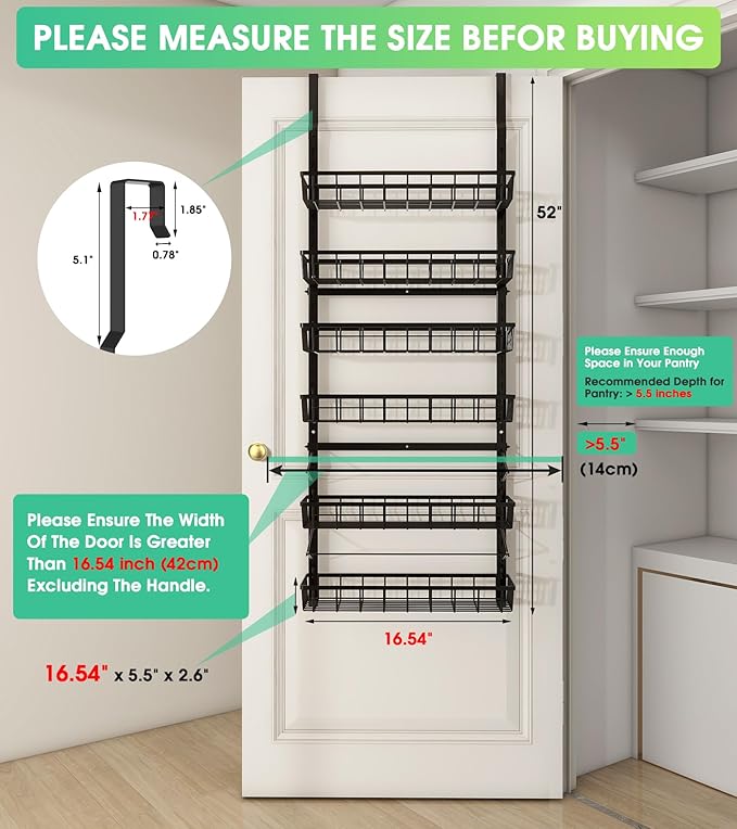 Mefirt Over The Door Pantry Organizer, Pantry Storage and Organization, 6-Tier Adjustable Hanging Baskets, Metal Wall Mount Spice Rack Seasoning Shelves for Home & Kitchen, Laundry Bathroom - Black - Image 2