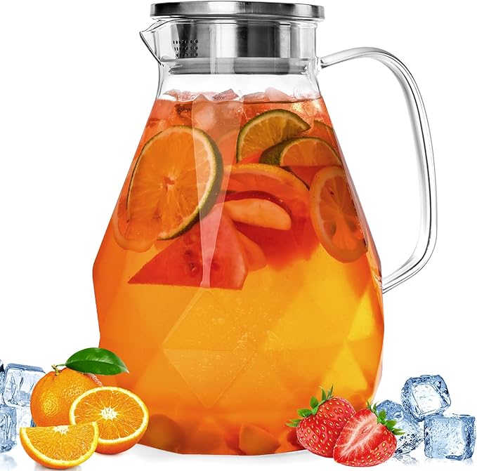 Glass Pitcher with Lid,1 Gallon Glass Water Pitcher Hot/Cold Water Jug, Juice and Iced Tea Beverage Carafe with Lid (Extra-Wide Mouth) by Liuruiyu