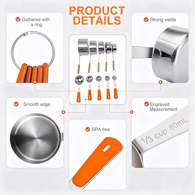 Bopei Measuring Cups and Spoons Set Stainless Steel 10 Piece for Cooking and Baking (5 Cups + 5 Spoons, Orange Handle) - Image 3