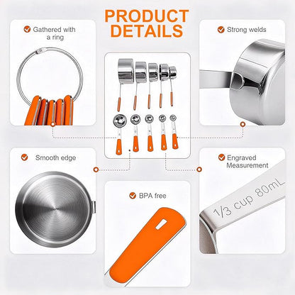 Bopei Measuring Cups and Spoons Set Stainless Steel 10 Piece for Cooking and Baking (5 Cups + 5 Spoons, Orange Handle) - Image 3