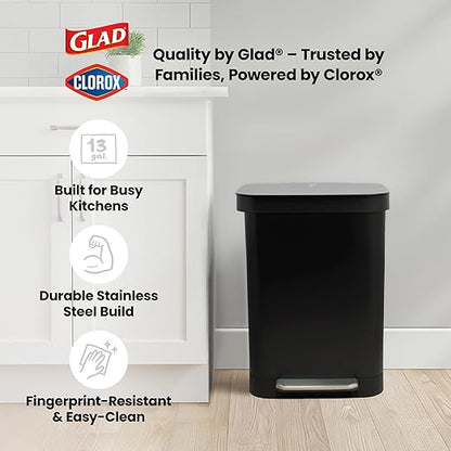 Glad Stainless Steel Step Trash Can, Series 2 with Clorox Protection - Large Black Kitchen Garbage Bin with Soft Close Lid, Foot Pedal and Waste Bag Roll Holder, 13 Gallon - Image 9