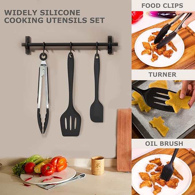 Silicone Kitchen Cooking Utensils Set Kitchen Spatula Set with Holder,5 pcs Heat Resistant Silicone Kitchen Utensils Gadgets Tools Set for Nonstick Cookware,Dishwasher Safe (Black) - Image 4