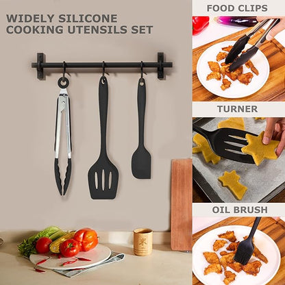 Silicone Kitchen Cooking Utensils Set Kitchen Spatula Set with Holder,5 pcs Heat Resistant Silicone Kitchen Utensils Gadgets Tools Set for Nonstick Cookware,Dishwasher Safe (Black) - Image 4