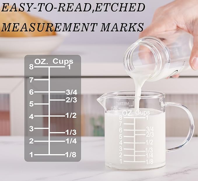 Ackers Etched Graduated Glass Measuring Cup - [Insulated Handle | V-Shaped Spout] - High Borosilicate Glass Measuring Cup for Kitchen or Dining, Easy to Read, 250ml (8oz, 1 Cup) - Image 2