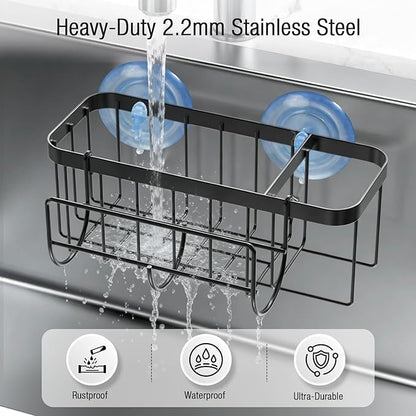3-in-1 Kitchen Sink Caddy Organizer with Sponge Holder, Brush Holder, Extra Rack for Scrubber, Sink Stopper, Dish Cloth Hanger - Strong Dual Suction Cup, 2.0mm SUS304 Stainless Steel - Black