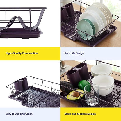 Space-Saving 3-Piece Dish Drainer Rack Set: Efficient Kitchen Organizer for Quick Drying and Storage - Includes Cutlery Holder and Drainboard - Maximize Countertop Space, Eggplant Purple - Image 6