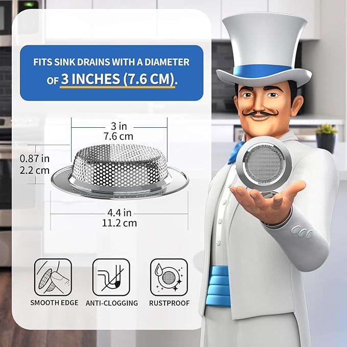MR.SIGA Kitchen Sink Strainer, Stainless Steel Sink Drain Strainer, Dishwasher Safe, Outer Diameter 4.4 inch/11.2cm, Inner Diameter 3 inch/7.6cm, Pack of 3 - Image 2