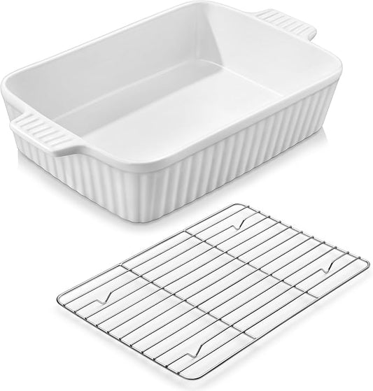 MALACASA 4.4 QT Baking Dish with Rack, 9x13 Large Casserole Dish for Oven, Ceramic Baking Pan with Rack, Rectangular Lasagna Pan Deep with Handles for Baking, Durable Microwave Oven Safe, White by MALACASA