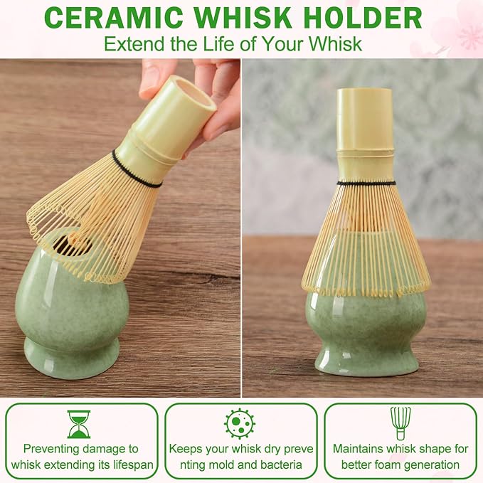 Matcha Whisk Set Ceramic Bowl Kit with Spout, Bamboo Chasen and Holder, Scoop Rest,Sifter Tea Towel Ceremonial Cute Matcha Tea Making Tool,Gift Perfect for Latte Lovers | Beginners,7pcs