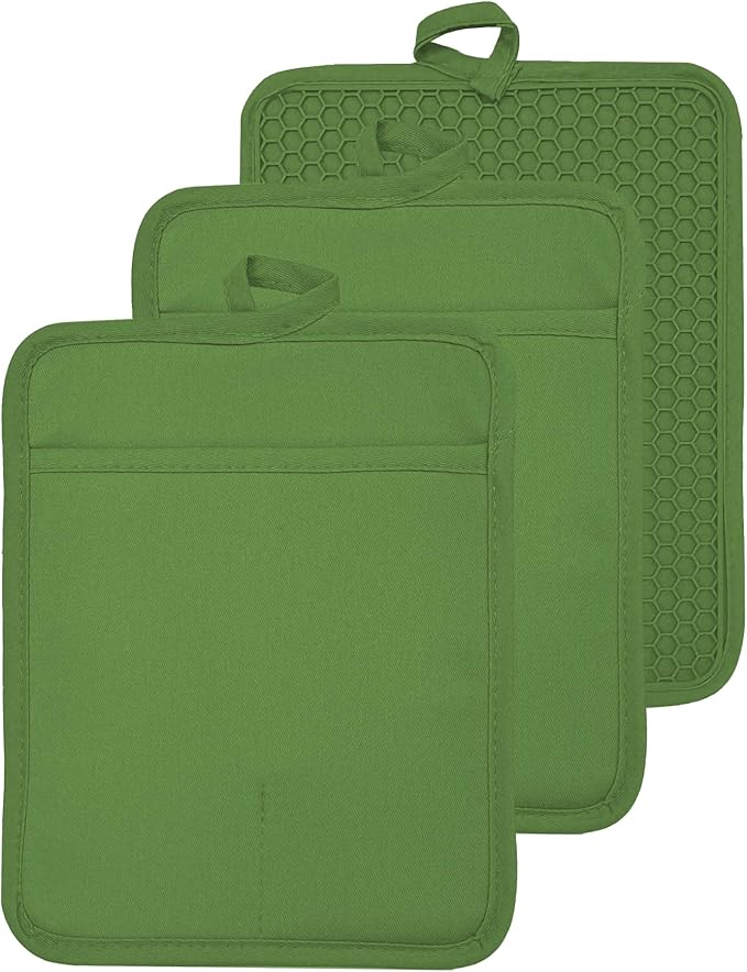 Oven Pot Holder with Pocket Cotton Heat Resistant Coaster Potholder Kitchen Hot Pad Oven Mitts for Cooking and Baking Square 7"x9" (Green, Silicone) by VEIKERY