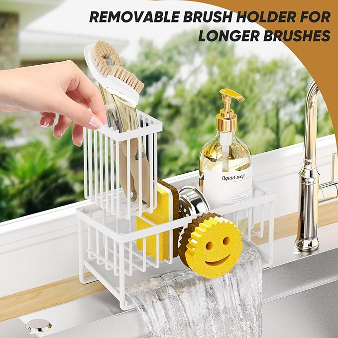 Sponge Holder for Kitchen Sink,Smiley Face Sink Caddy with Removable Brush Holder,Self-Draining Sponge Caddy for Sponge,Soap,Dish Brush,Scrubber,Kitchen Essentials and Gadgets-White - Image 5