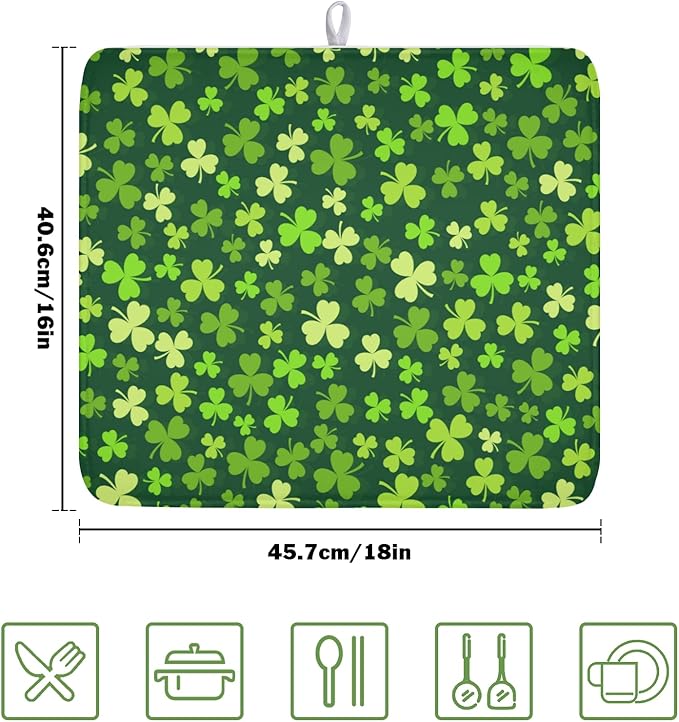 St. Patrick's Day Dish Drying Mat for Kitchen Counter,Irish Green Shamrocks Clover Leaves Drying Mat 16 x 18 Inch with Absorbent Reversible Microfiber Dish Drying Pad for Coffee Bar - Image 2