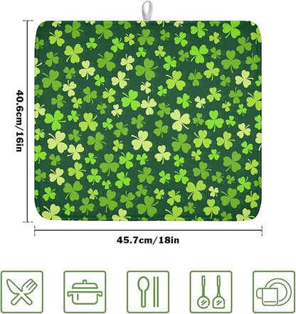 St. Patrick's Day Dish Drying Mat for Kitchen Counter,Irish Green Shamrocks Clover Leaves Drying Mat 16 x 18 Inch with Absorbent Reversible Microfiber Dish Drying Pad for Coffee Bar - Image 2