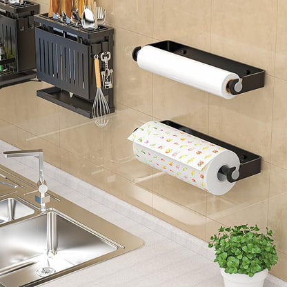 Aheucndg Paper Towel Holder for Kitchen, Wall Mount Paper Towel Holder, for Kitchen or Bathroom Self-Adhesive or Drill Mounting Paper Roll Holder Under Cabinet (Black 2Pack)