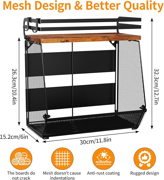 Magnetic Shelf for Fridge with Wood Lid - Magnetic Spice Rack for Refrigerator， Mesh Design Large Shelf Basket, Shelves for Kitchen Pantry Storage Organizer for Food Fruit Veg (1Pack)