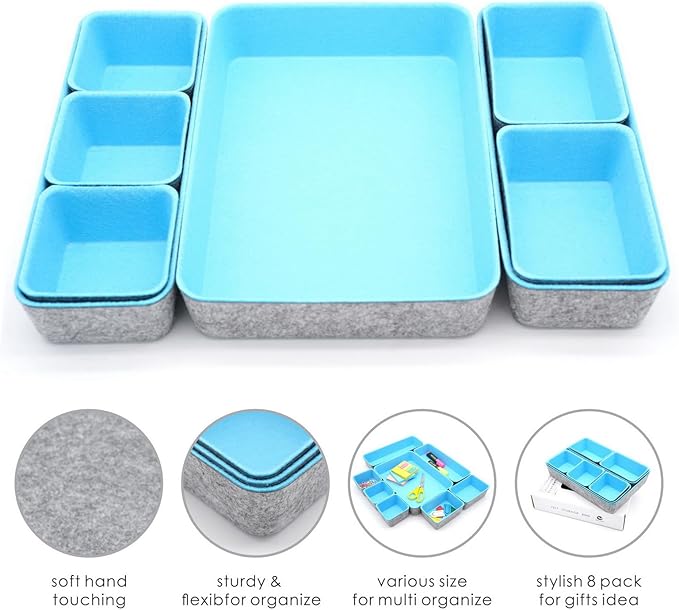 Welaxy Drawer organizers bins dividers storage trays shallow organizing box for office supplies makeup nightstand catchall key holder cozy room decor 8-piece (Baby blue) - Image 3