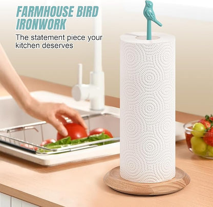 Wooden Paper Towel Holder countertop, Stylish Bird Shaped,Solid Wood Base&Iron Top, with Non-Slip Mat, Stable&Durable,Paper Towel Holder Farmhouse Style to Elevate Your Kitchen's Décor (Blue) - Image 2