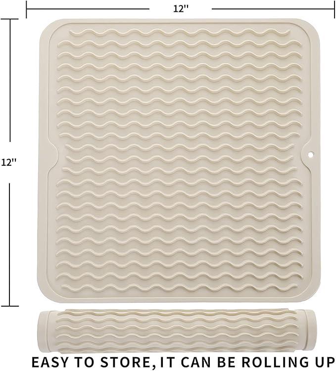 MicoYang Silicone Dish Drying Mat for Multiple Usage,Easy clean,Eco-friendly,Heat-resistant Silicone Mat for Kitchen Counter or Sink,Refrigerator or Drawer liner Tapioca M 12 inches x 12 inches - Image 2